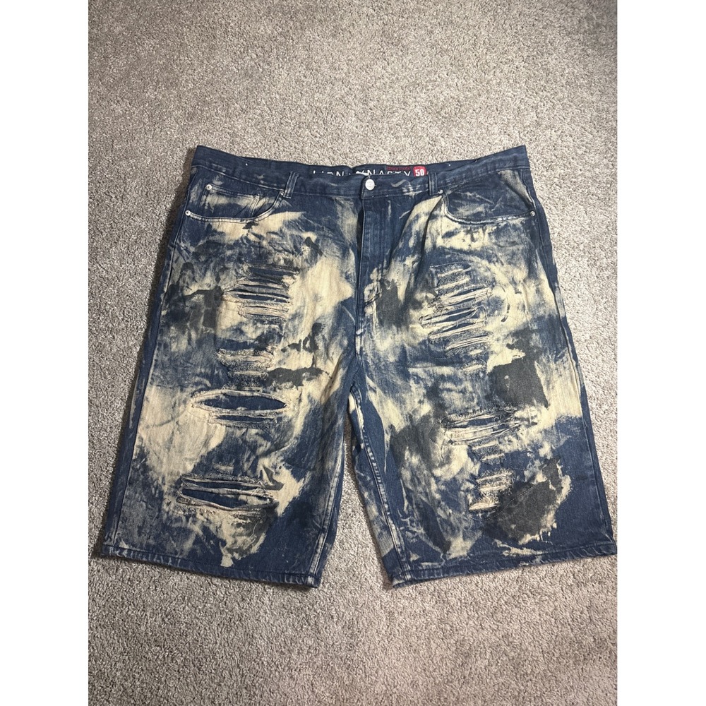 LION DYNASTY Mens Size 50 slim Acid Wash Denim Shorts Shredded Blue Streetwear - Picture 1 of 8